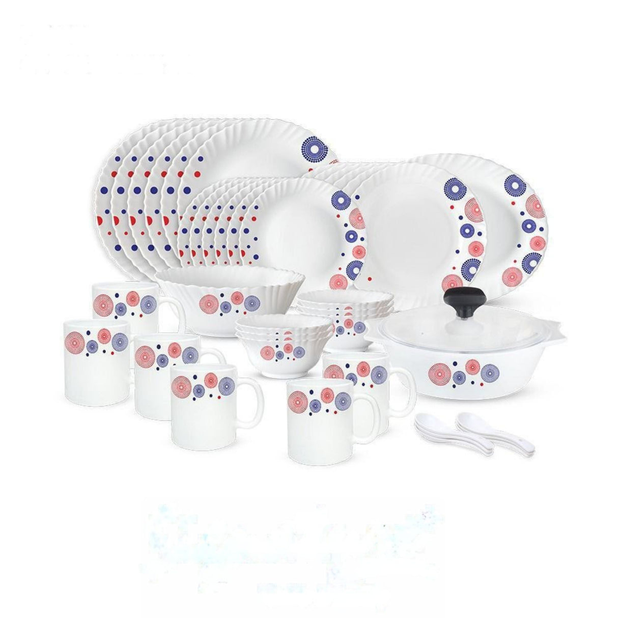 0 Pcs Glass Dinner Set – Royal Blue Floral Design
This elegant 40-piece dinner set is crafted with a refined white base and accented with royal blue floral borders, making it ideal for family meals, guests, or special occasions. The glass material gives it a glossy finish, durable enough for regular use while adding sophistication to your dining table.
Set Includes:
6 Large Dinner Plates – Perfect for main courses.
6 Medium Plates – Suitable for side dishes or salads.
6 Deep Soup/Salad Bowls – Great fo