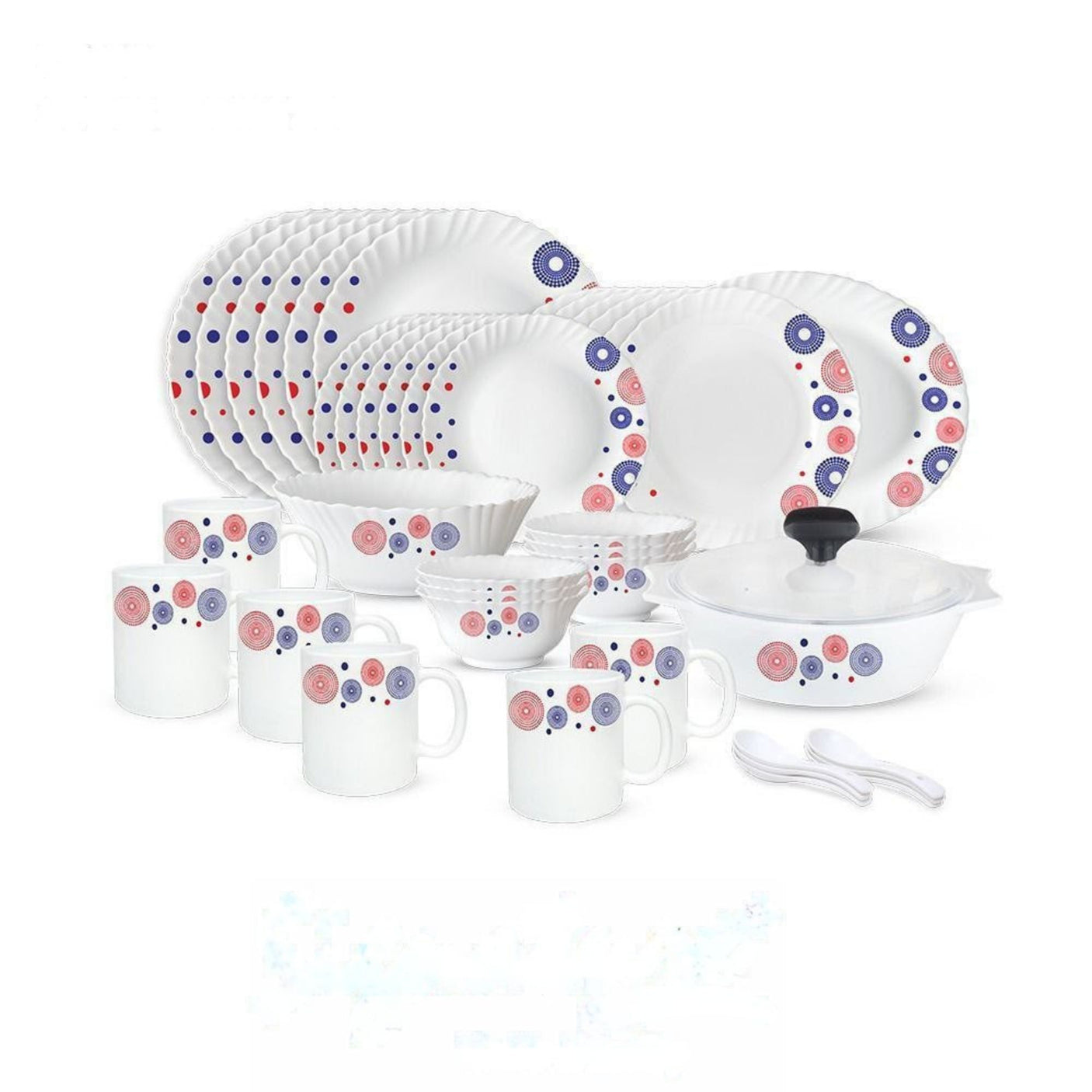 0 Pcs Glass Dinner Set – Royal Blue Floral Design
This elegant 40-piece dinner set is crafted with a refined white base and accented with royal blue floral borders, making it ideal for family meals, guests, or special occasions. The glass material gives it a glossy finish, durable enough for regular use while adding sophistication to your dining table.
Set Includes:
6 Large Dinner Plates – Perfect for main courses.
6 Medium Plates – Suitable for side dishes or salads.
6 Deep Soup/Salad Bowls – Great fo