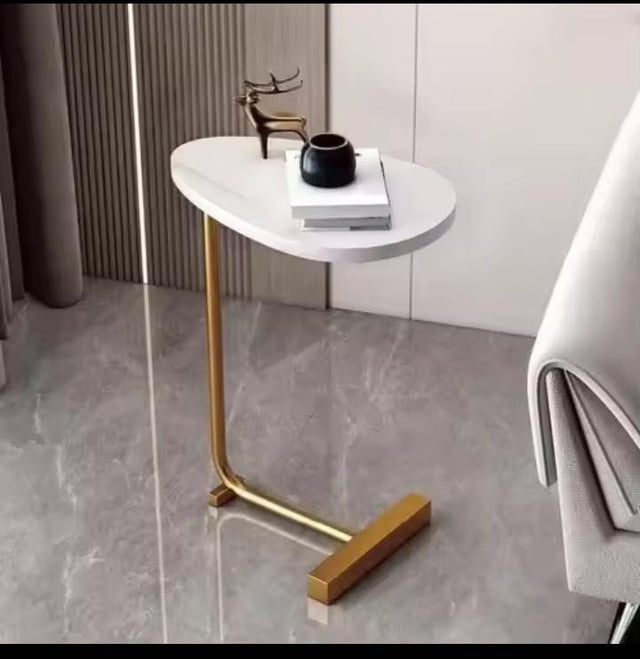 A stylish and functional modern C-shape side table featuring a smooth wooden tabletop and a strong metal base