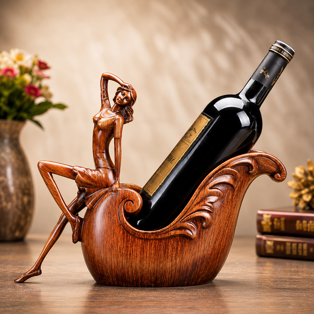 Decorative resin lady wine bottle holder with a wood-look finish holding a standard wine bottle.