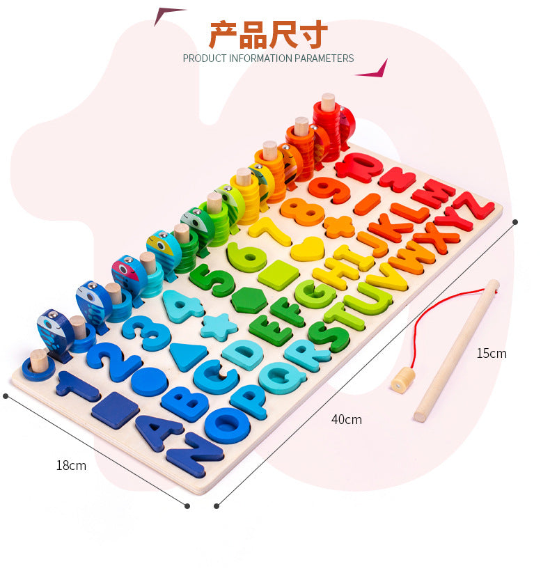 Colorful wooden puzzle with letters and numbers on a white background