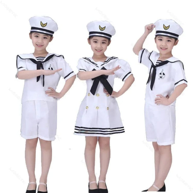 Kids wearing white navy sailor costume sets with matching sailor hats for marine role play, school career day, and themed events