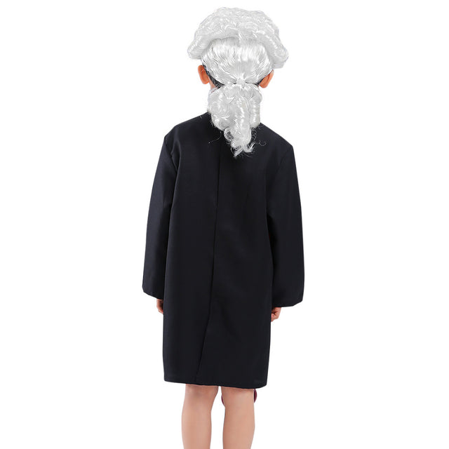 Person wearing a black coat with silver hair extensions on a white background
