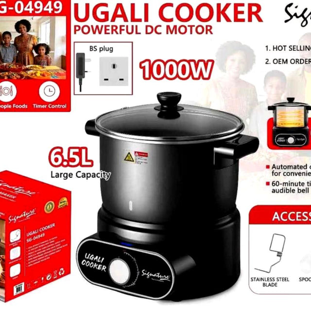 Ugali cooker with packaging and features highlighted on a white background