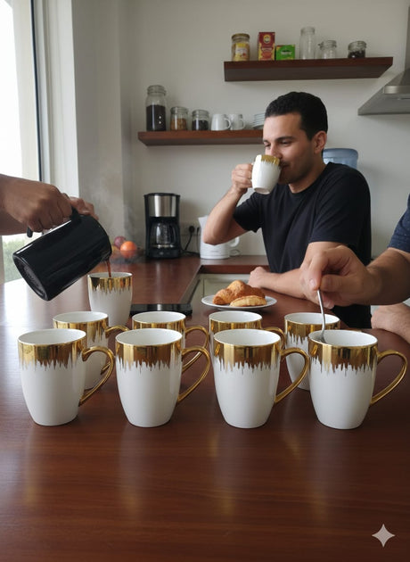 People enjoying coffee in a kitchen with multiple white mugs with gold accents on a table.
