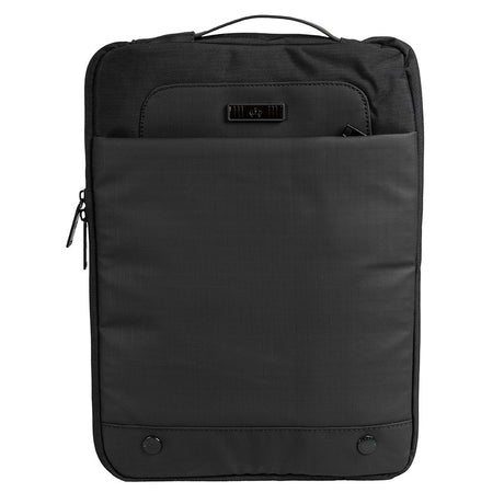 Black waterproof laptop sleeve with carry handle, front accessory pocket, and dual zipper closure.
