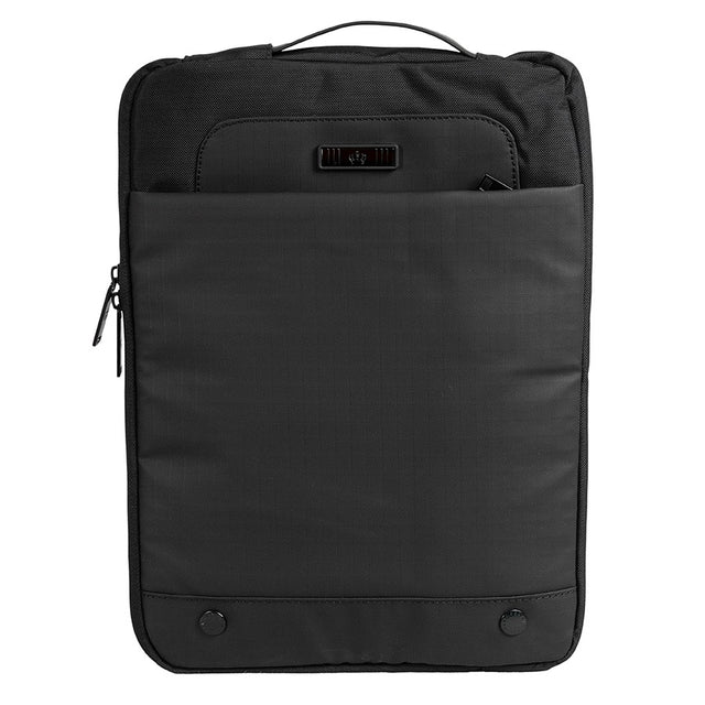 Black waterproof laptop sleeve with carry handle, front accessory pocket, and dual zipper closure.
