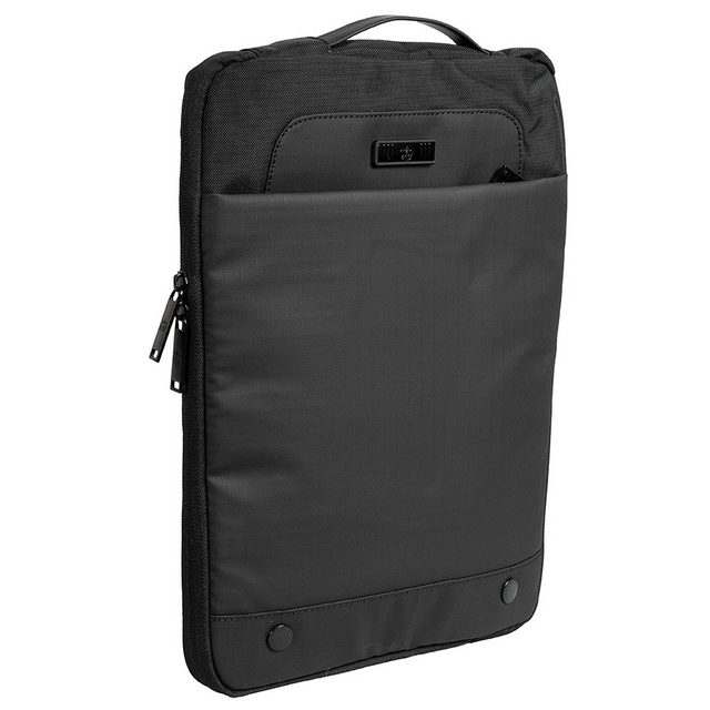 Black waterproof laptop sleeve with carry handle, front accessory pocket, and dual zipper closure.