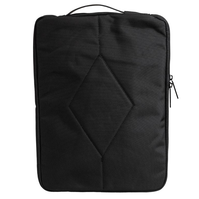 Black waterproof laptop sleeve with carry handle, front accessory pocket, and dual zipper closure.