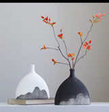 Modern Ceramic Vase - Fish-Tail Design in Matte Black & White, Handcrafted with Snow Powder Mountain Patterns for Home Décor