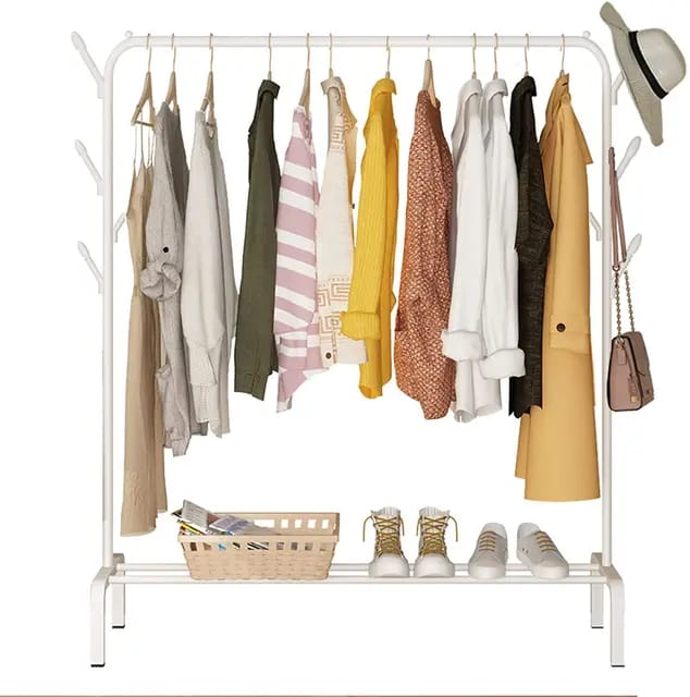 Clothing Rack With Lower Storage Shelf for Boxes /Shoes And Side Hooks