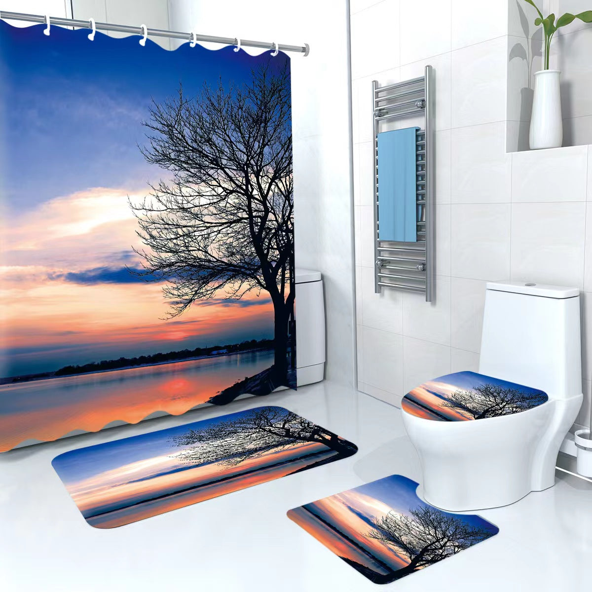 3D 4 in 1 Bathroom Woolen Mats with a Waterproof Shower Curtain