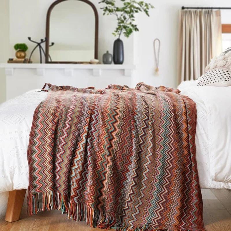 Bohemian Knitted Throw Blanket With Tassel