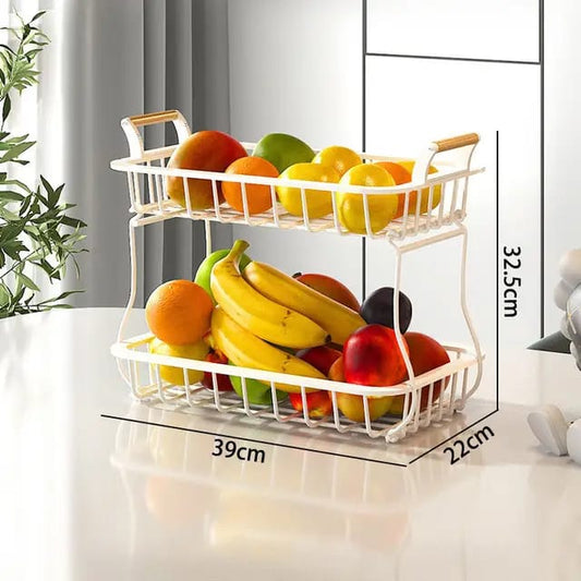 2 tier detachable Nordic metallic fruit/vegetable basket/rack with wooden handles and banana holder