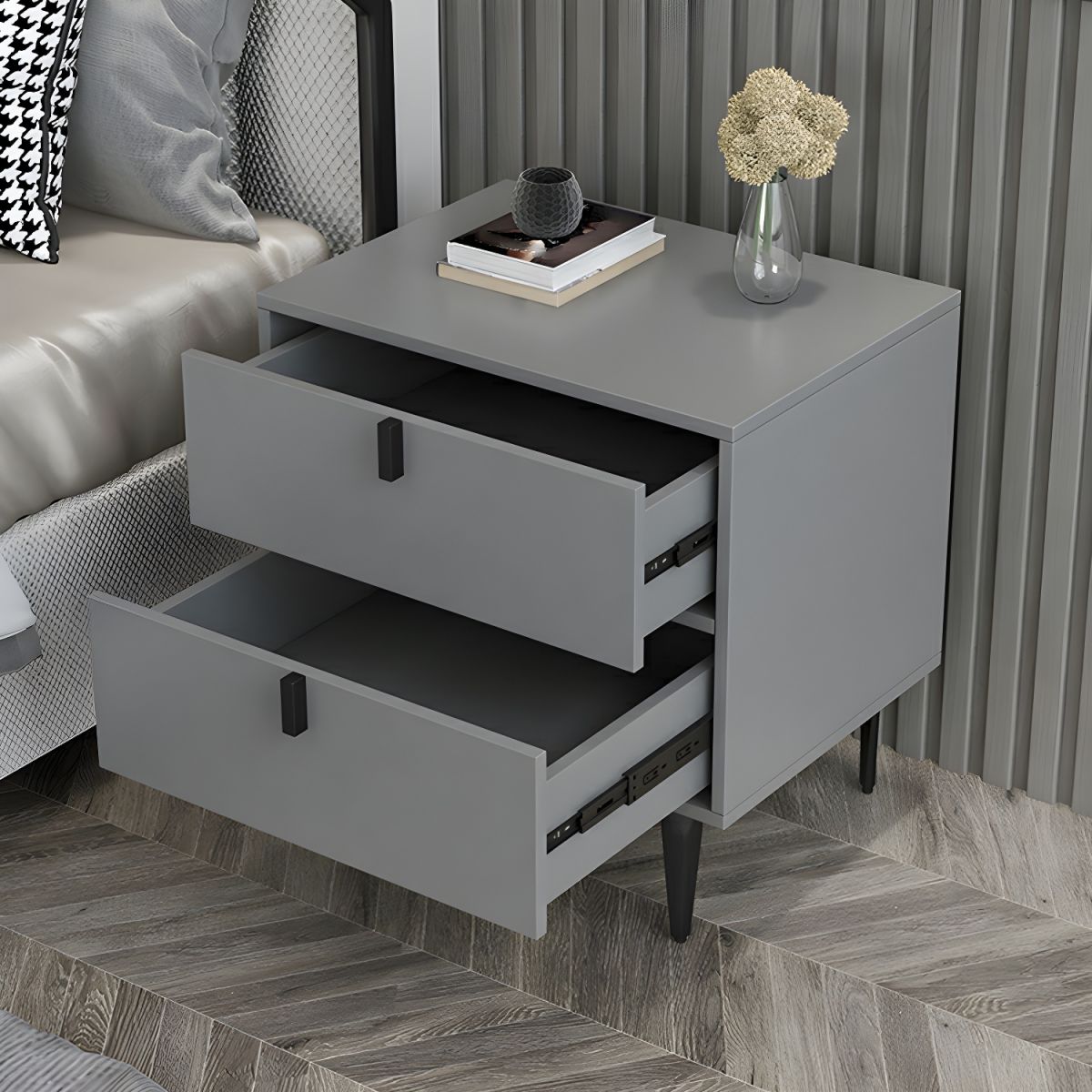 Minimalist Wood Nightstand with 2 Drawers in Small Size for Modern Bedroom