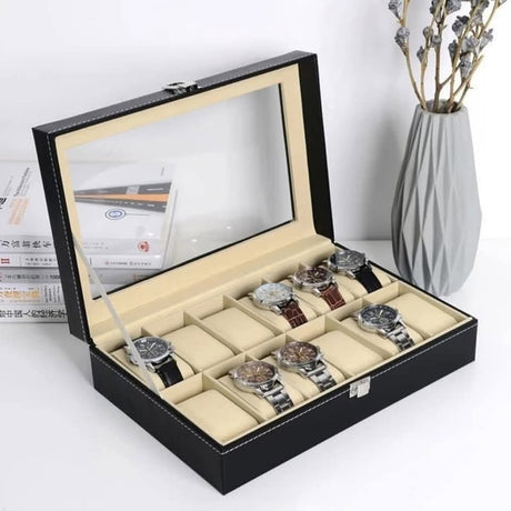 12 Slot Watch Box — PU Leather Briefcase Style Organizer nje