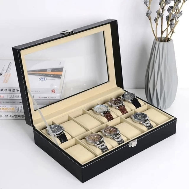 12 Slot Watch Box — PU Leather Briefcase Style Organizer nje