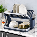 Expandable Dish Drying Rack with 2 Tiers, Cup Holders, Cutlery Holder and Drip Tray — 43.5 x 30 x 27 cm