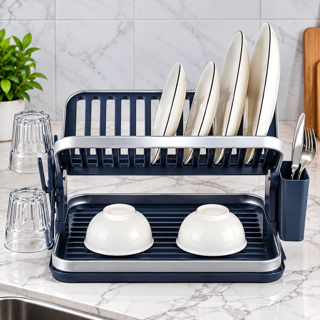 Expandable Dish Drying Rack with 2 Tiers, Cup Holders, Cutlery Holder and Drip Tray — 43.5 x 30 x 27 cm