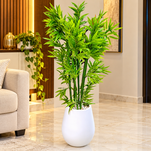 Artificial Green Bamboo Plant in White Matte Pot with Pebbles — 180 cm