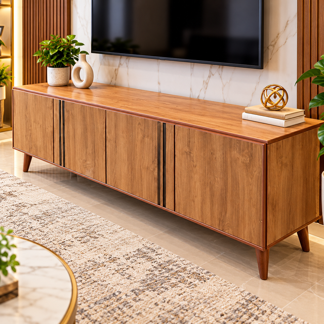 Light Oak and White Solid Wood TV Stand with Drawer, Open Shelf and Tapered Legs — 6 ft