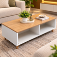 Modern wooden coffee table sits on carpet 
iDecorators Kenya utw