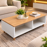 Modern wooden coffee table sits on carpet 
iDecorators Kenya utw