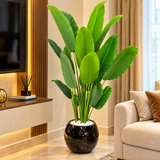 Artificial Bird of Paradise Plant with Large Tropical Leaves in Glossy Black Round Pot — 180 cm