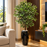 Large Artificial Ficus Tree with Variegated Leaves in Tall Glossy Black Planter — 2.4 Metres