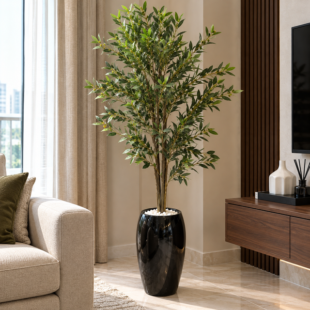 Artificial Olive Tree with Realistic Leaves in Tall Glossy Black Planter with Pebbles — 2.4 Metres