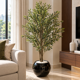Artificial Olive Tree with Realistic Leaves in Glossy Black Round Pot with Pebbles — 180 cm