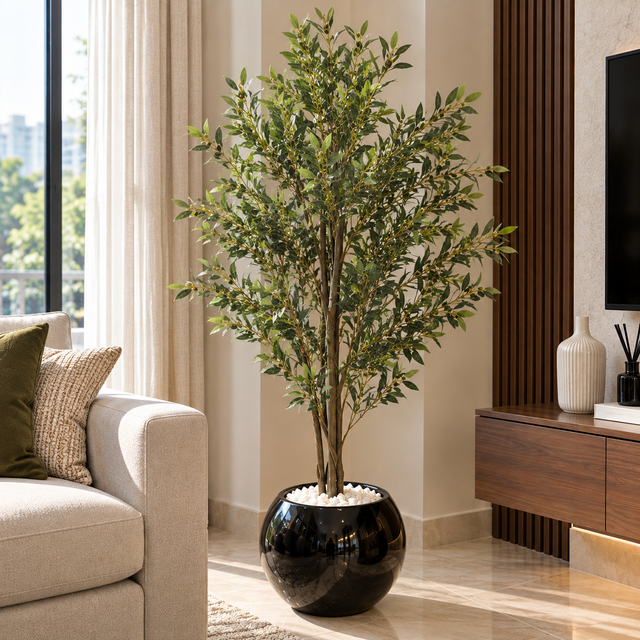 Artificial Olive Tree with Realistic Leaves in Glossy Black Round Pot with Pebbles — 180 cm