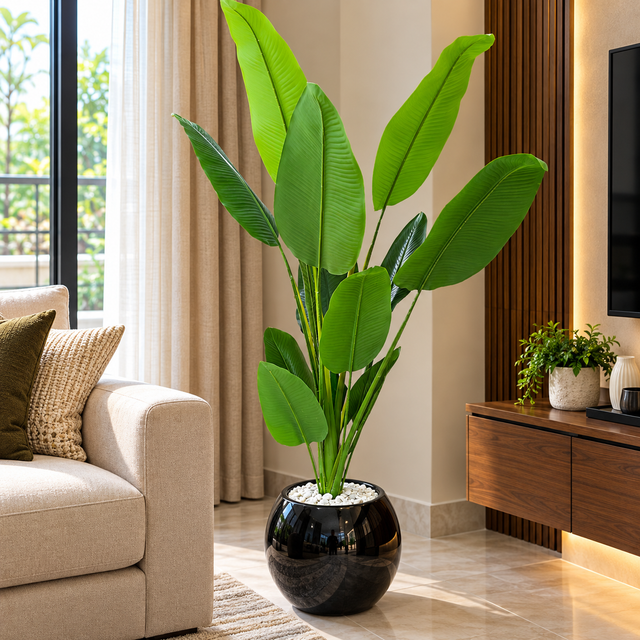 Artificial Bird of Paradise Plant with Large Tropical Leaves in Glossy Black Round Pot — 150 cm