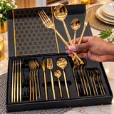 Gold Cutlery Set in Luxury Black Gift Box with Knives, Forks and Spoons — 24 Pieces
