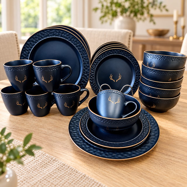 Dinner set black matte ceramic with gold antler design, hammered texture rims, plates, bowls and mugs for 6 — iDecorators Kenya