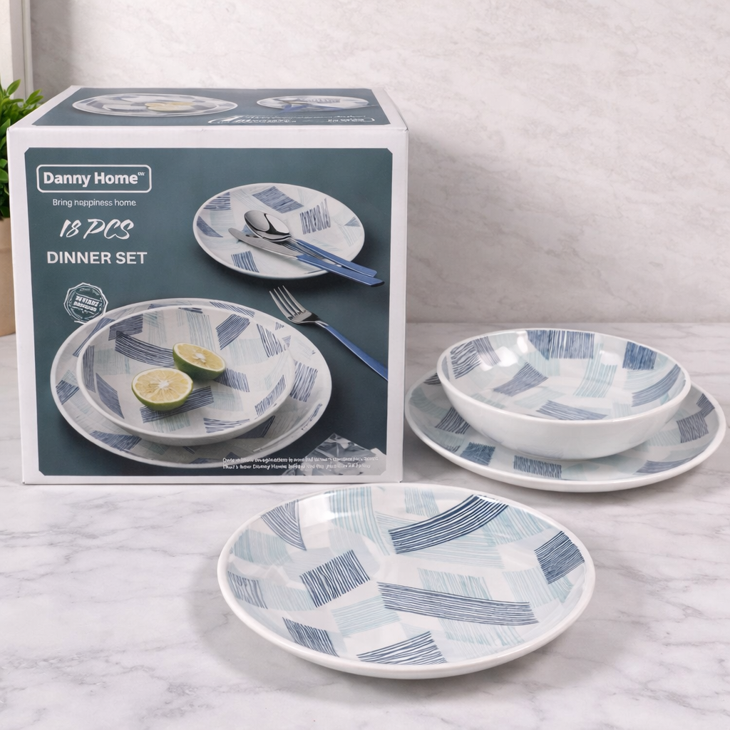Danny Home 18pcs Porcelain Dinner Set – Modern Pattern Plates & Bowls