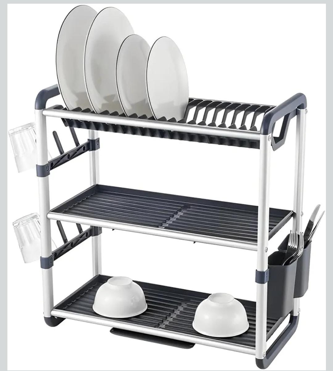  Aluminium Dish Drying Rack Multifunctional Dish Rack, Large Capacity Dish Drainer for Kitchen Counter, Rustproof Dish Drying Rack with Cutlery & Cup Holders (3 TIER)
