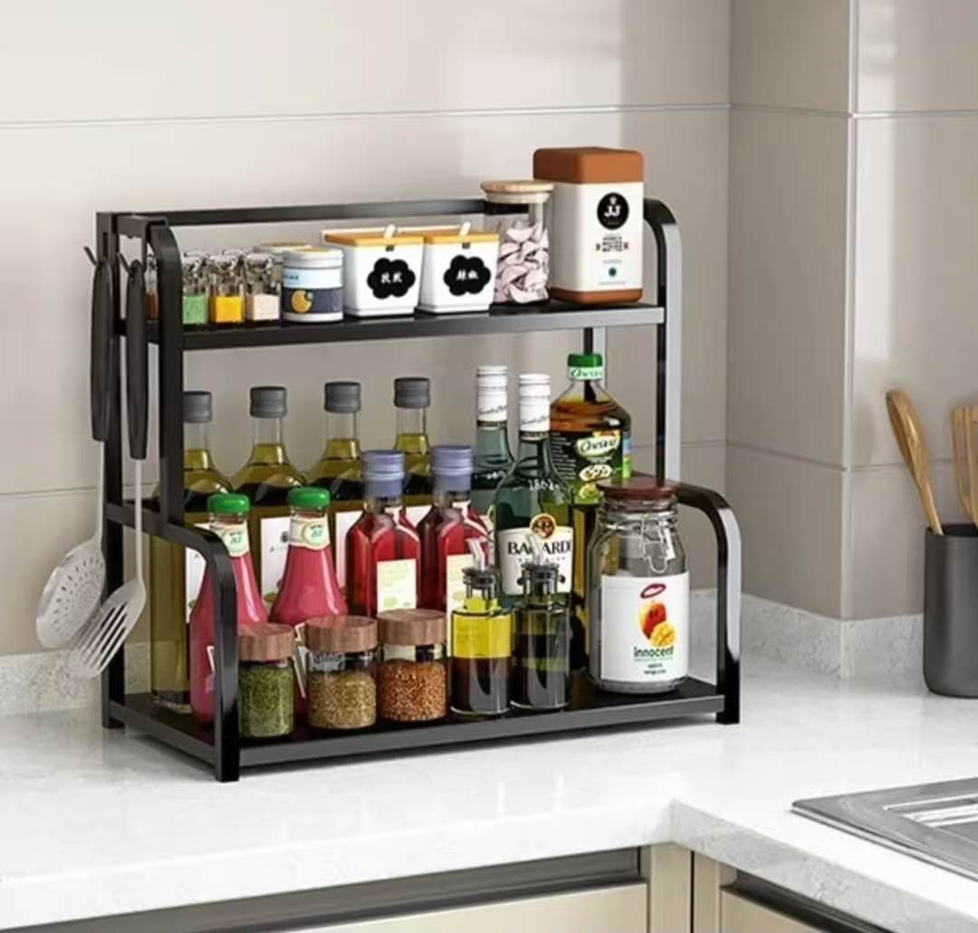 2-Tier Metallic Spice Rack – Black (50 × 14 × 42 cm) njr