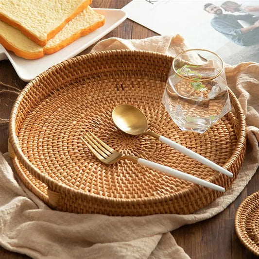 Round rattan woven serving tray with handle