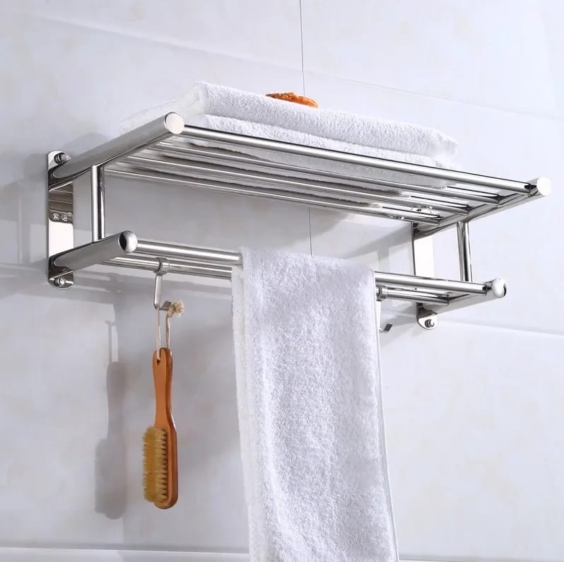 Bathroom wall mounted towel rack accessory with hooks