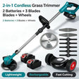 2-in-1 cordless grass trimmer with 2 rechargeable batteries, 3 cutting blades, and wheel attachment