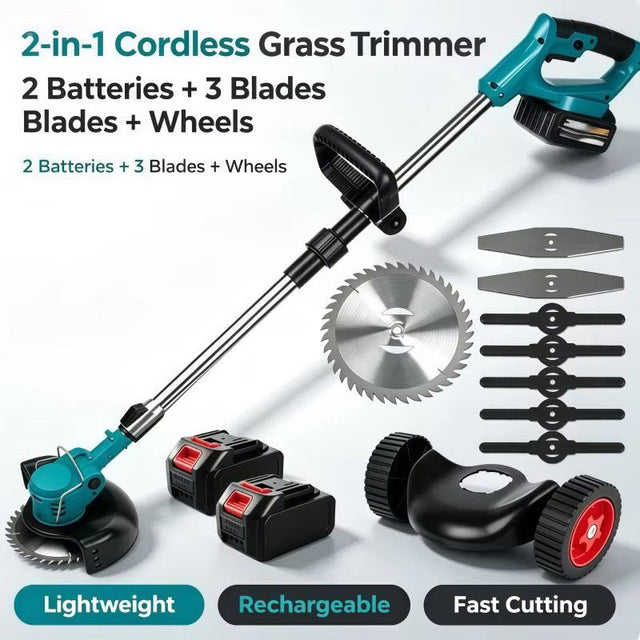 2-in-1 cordless grass trimmer with 2 rechargeable batteries, 3 cutting blades, and wheel attachment