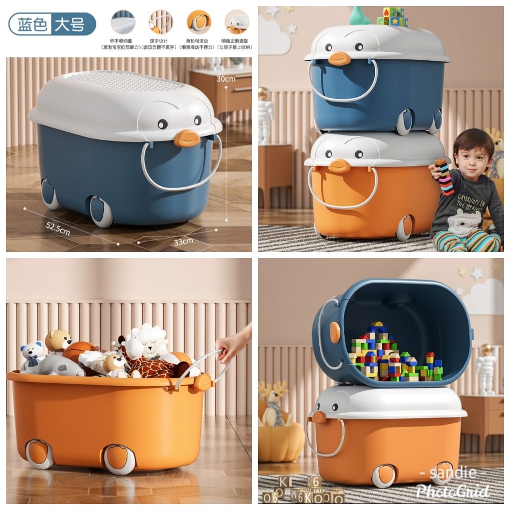 A portable orange and white baby storage box with a cartoonish design, shown in different configurations to indicate its versatility and portability, such as being pulled along by a child or being used to store various baby items like toys and clothes.