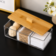 3-Compartment Acrylic Cotton Swab Organizer with Bamboo Lid grc