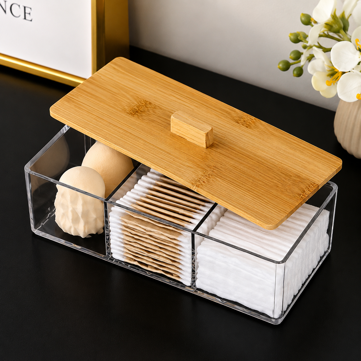 3-Compartment Acrylic Cotton Swab Organizer with Bamboo Lid grc