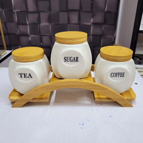 3-Piece Ceramic Kitchen Storage Jar Set with Bamboo Lids