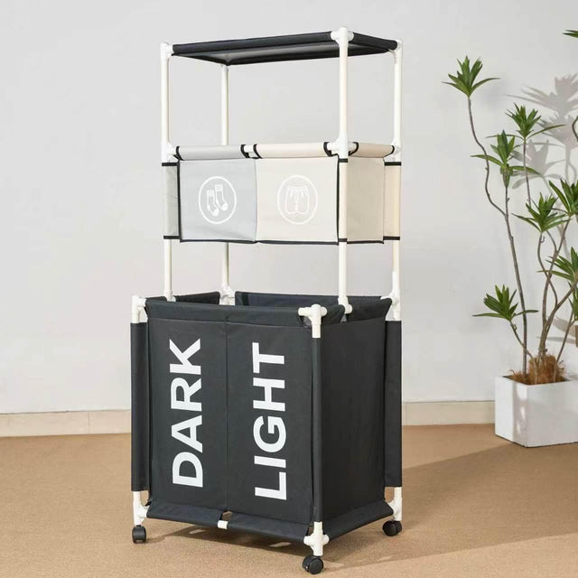 3-Tier Rolling Laundry Hamper with Storage Shelves