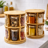 360° Rotating Bamboo Spice Rack with 10 Large 300ml Glass Jars – Tabletop Organizer Set with Spoons & Labels Kenya