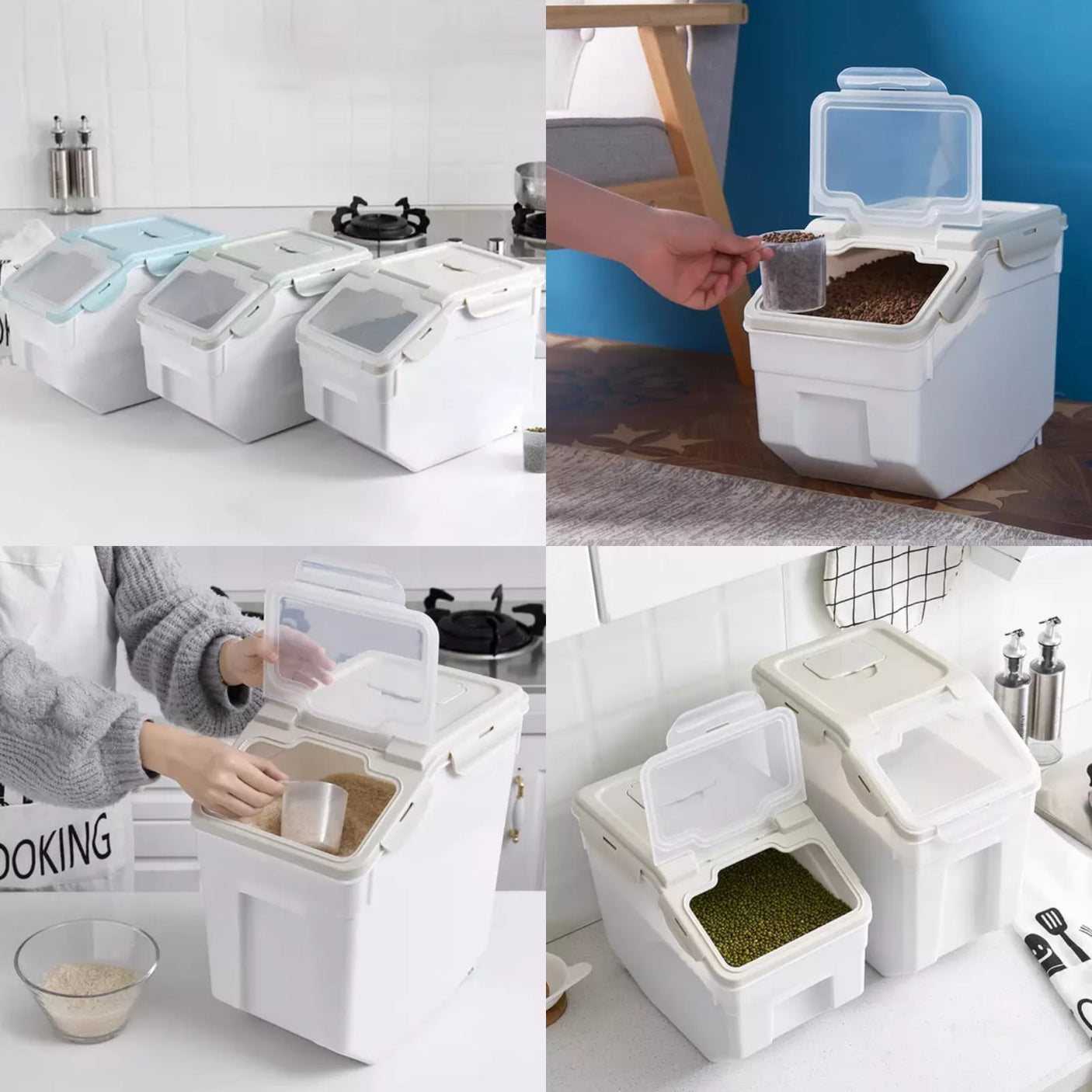 A collage of images showing white plastic storage containers with scoops, in various sizes, designed for food storage. Containers are depicted in different states of use, some closed, some open, and one being held by a person.