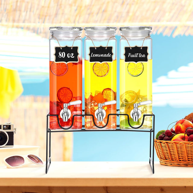 3 Pack Tall Glass Drink Dispenser with Stand